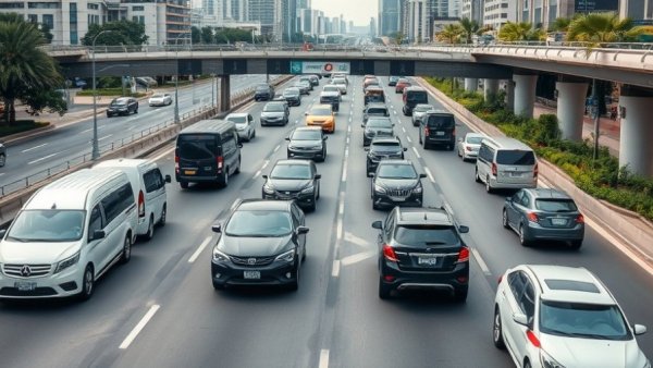 Urban highway with diverse traffic under daylight, highlighting transportation safety.