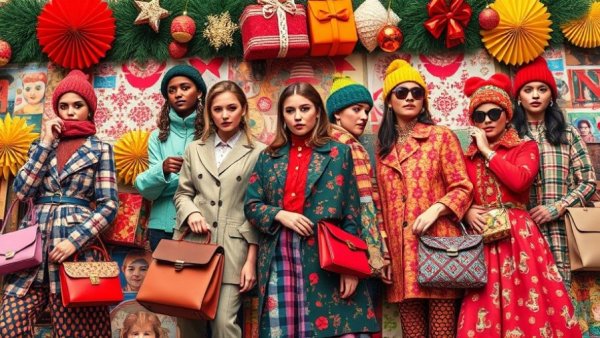 Vibrant December holiday fashion collage showcasing clothing and accessories.