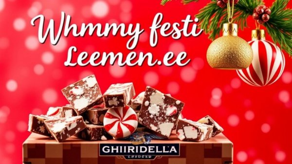 Ghirardelli's Free Peppermint Bark Day festive event banner with holiday ornaments and peppermint bark.