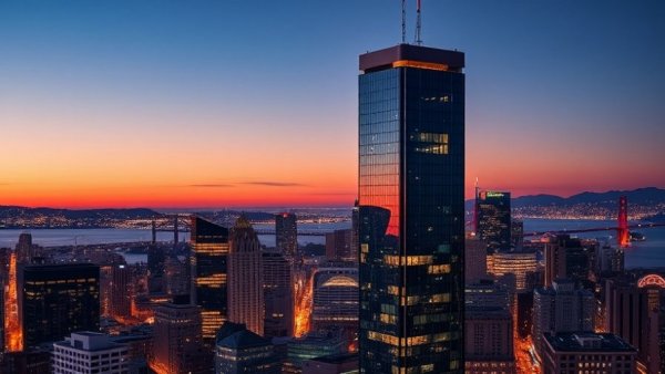 67-story residential tower San Francisco at dusk with city lights