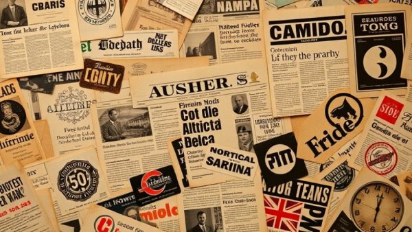 Vintage newspaper collage in sepia tones, headlines and logos visible.