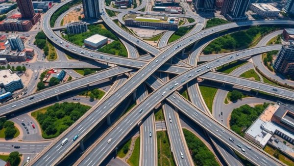 Aerial view of California highway expansion with complex interchange