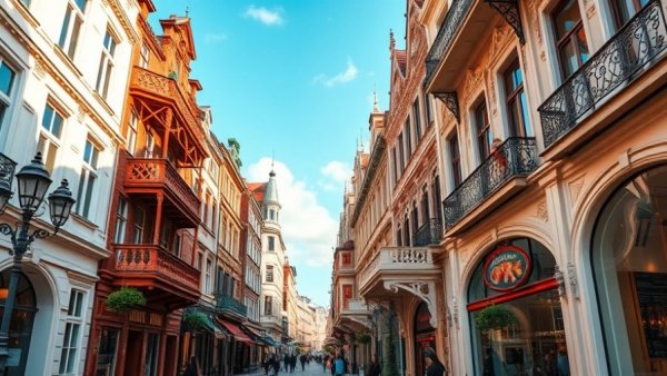 Charming urban street in SF with ornate buildings and teddy bears.
