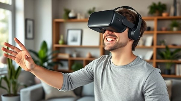 Man using VR headset at home, smiling and reaching out, modern living space.