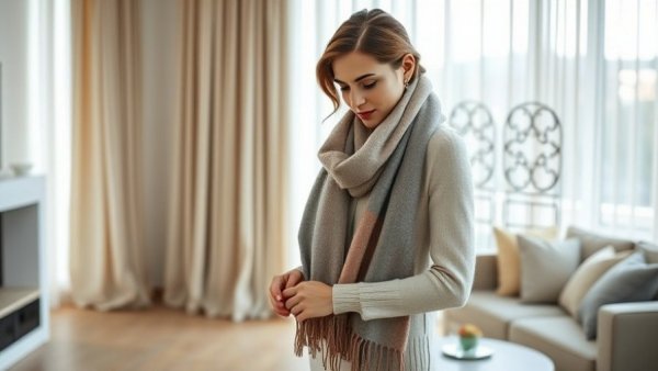 Elegant woman in designer cashmere scarf adjusts shoe in bright room.