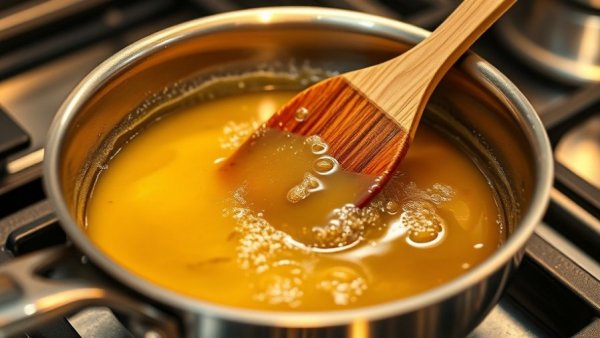 Browning butter in a pan with a wooden spatula, illustrating how to brown butter.