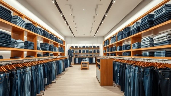 SF Bay Area shopping scene with denim displays and modern interior.