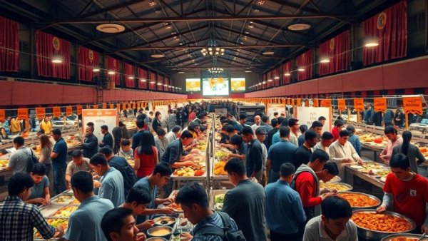 Food festival in SF Bay Area with diverse crowd enjoying various dishes.