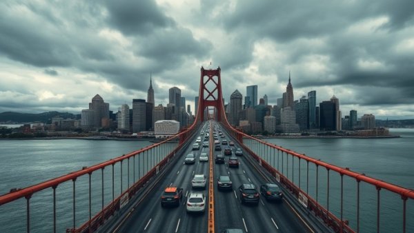 Aerial view of San Francisco bridge and skyline with cloudy sky.