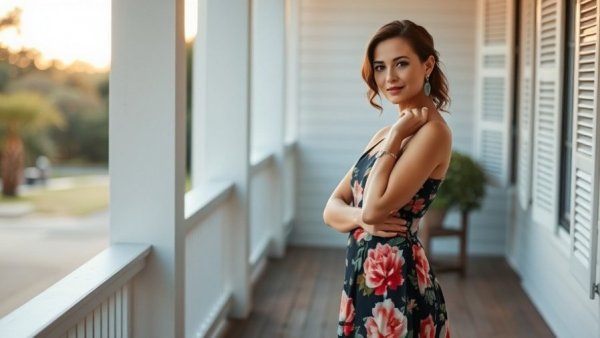 Elegant woman wearing FOPE jewelry in floral dress on a veranda.