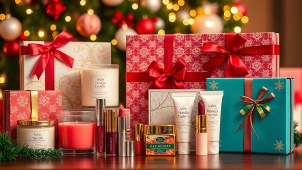 Assorted holiday-themed beauty gift sets featuring candles and cosmetics, ideal for festive gifting.