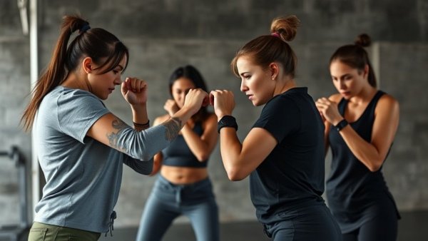 Women demonstrating self-defense techniques in a class setting.