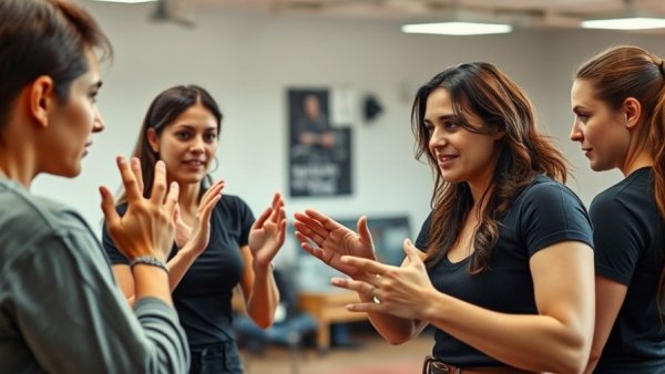 Woman teaching self-defense class with attentive participants observing.