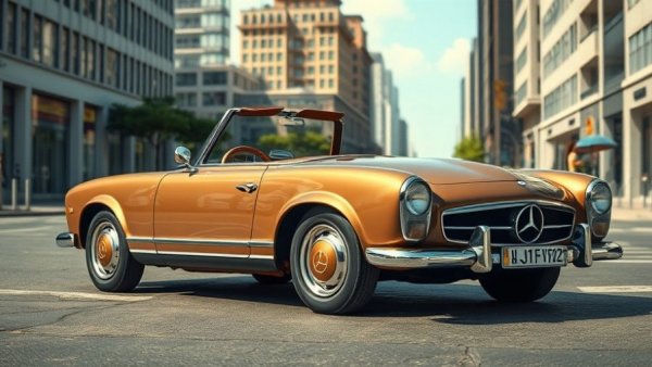 Vintage Mercedes parked in urban setting; raising money image.
