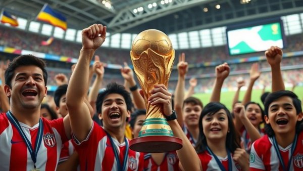 Fans celebrating at 2026 FIFA World Cup draw, holding replica trophy, stadium scene.
