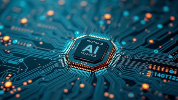 Futuristic AI microchip glowing on a circuit board, AI terminology for everyday life.
