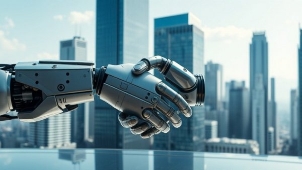 Futuristic AI and human partnership handshake symbolizing the future of work.