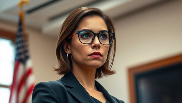 Professional female FBI agent looking determined in front of a flag.