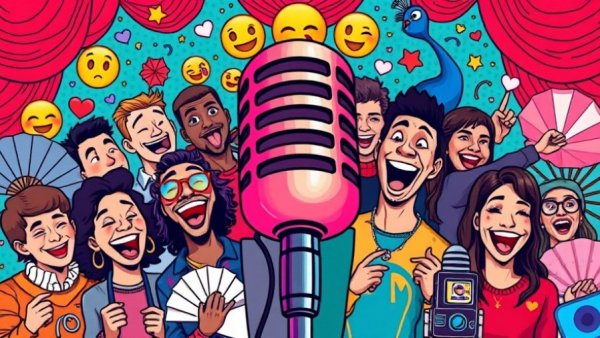 Vibrant comedy showcase collage with comedians and fun elements.