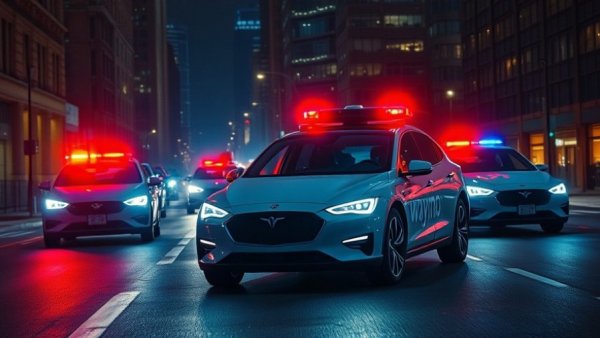 Driverless Waymo in nighttime police standoff with flashing lights.