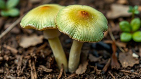 Death cap mushrooms in soil, potential poisoning hazard.