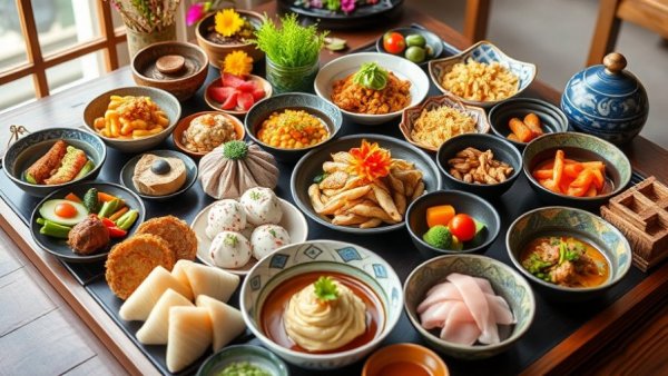 Colorful arrangement of Osechi dishes in lacquer boxes; Osechi Cooking Timeline.