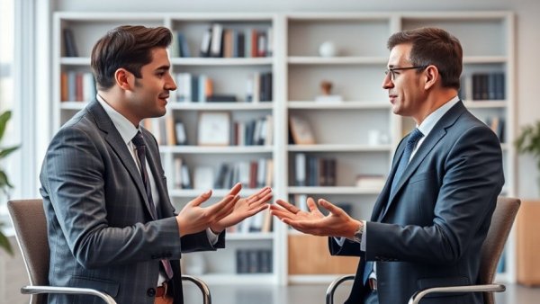 Two professionals engaged in a focused discussion in a modern office.
