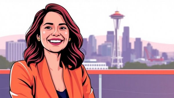 Woman in interview with Seattle skyline highlighting public transit Seattle.
