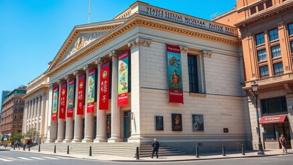 Stately Asian Art Museum facade with art banners in daylight.