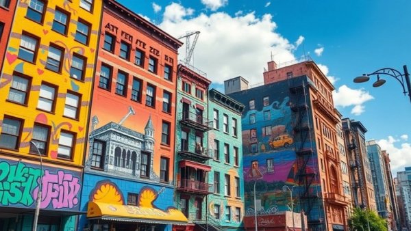 Vibrant urban buildings with murals on a sunny day, related to MLK Day National Parks exclusion.