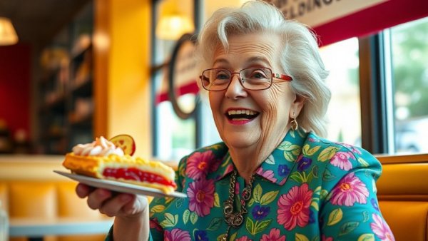 Elderly woman in colorful outfit smiling with pie at a contest