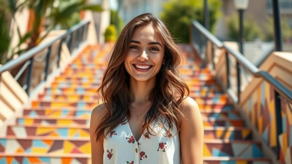 Smiling woman in front of colorful mosaic steps, Connie Chan Housing Concerns.