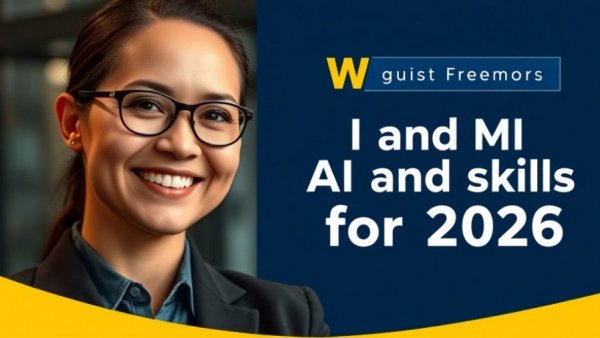 Banner promoting 2026 AI and ML skills webinar with business professional.