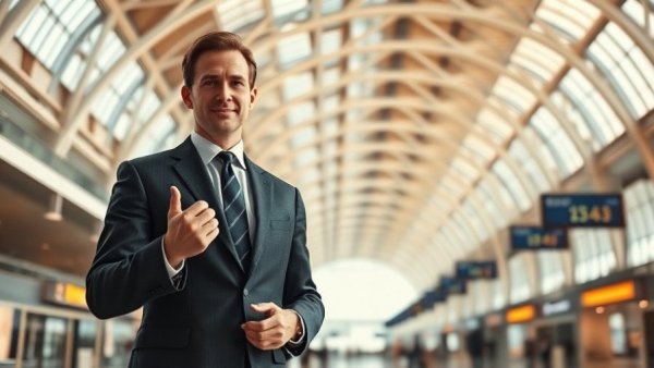 Man discussing safety regulations in transportation inside airport terminal screen.