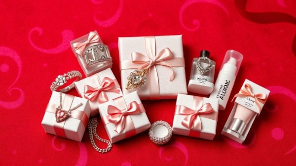 Elegant small luxury gifts arranged on a red textured background.