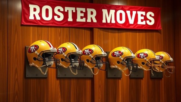 49ers helmets on wooden wall reflecting roster changes.