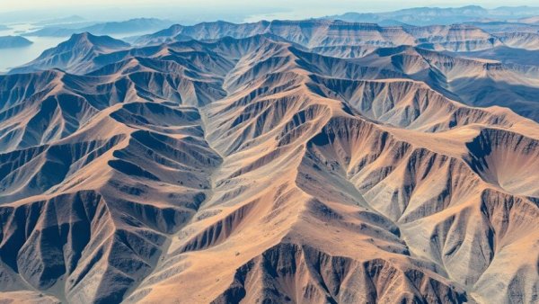 Aerial view of tectonic plate boundaries and fault lines in rugged terrain.