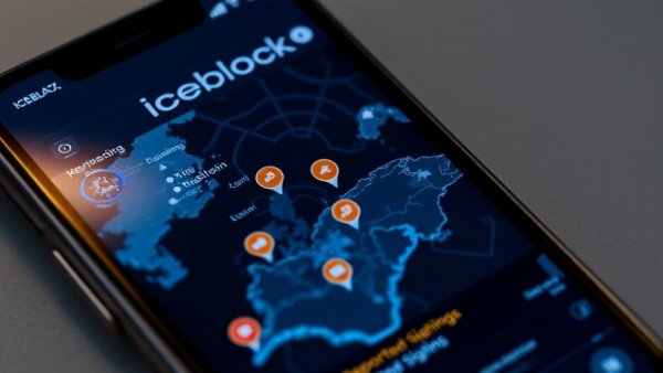 ICEBlock app interface showing map and icons related to free speech and lawsuit.