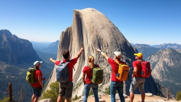 Hikers in red shirts pointing at a rock in a national park
