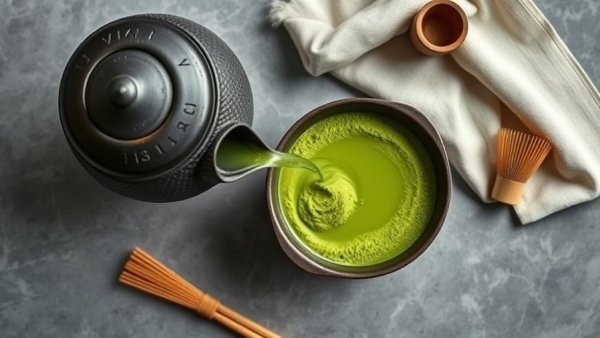 Traditional matcha setup with cast iron kettle and vibrant green matcha powder.
