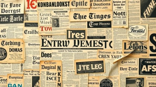 Collage of vintage newspaper headlines with bold typography and logos.