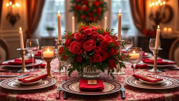 Elegant setting for the holiday table with red accents and floral centerpiece.