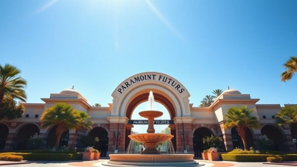 Paramount Pictures entrance fountain under blue sky - Paramount Hostile Takeover Warner Bros.
