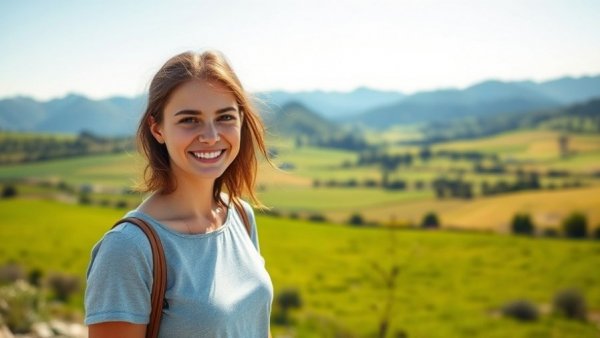 Young woman smiling in scenic landscape, mountains in background.