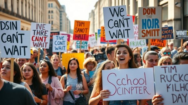 Teachers' protest with diverse signs, advocating for school improvements.