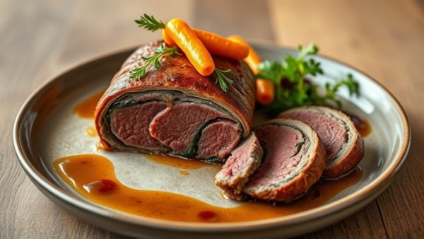 Deconstructed Beef Wellington with artistic plating and garnishes.