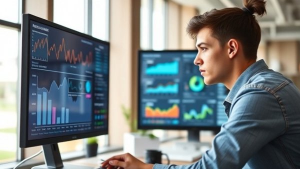Young woman analyzing data charts in bright office for data science graduate programs.