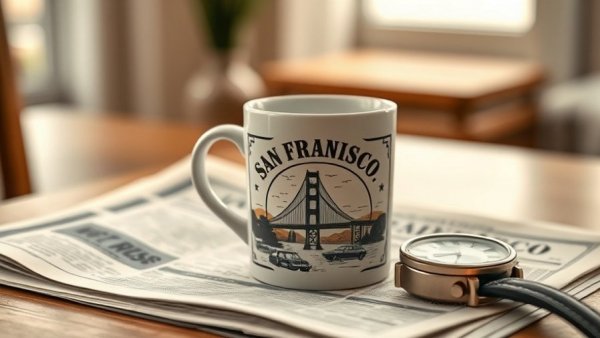 Vintage San Francisco cup on newspaper with watch, warm tones.