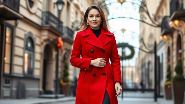 Elegant winter coat trends 2025 showcased by woman in red coat.
