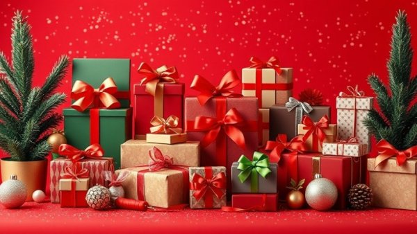Colorful last-minute holiday gifts on a red background.